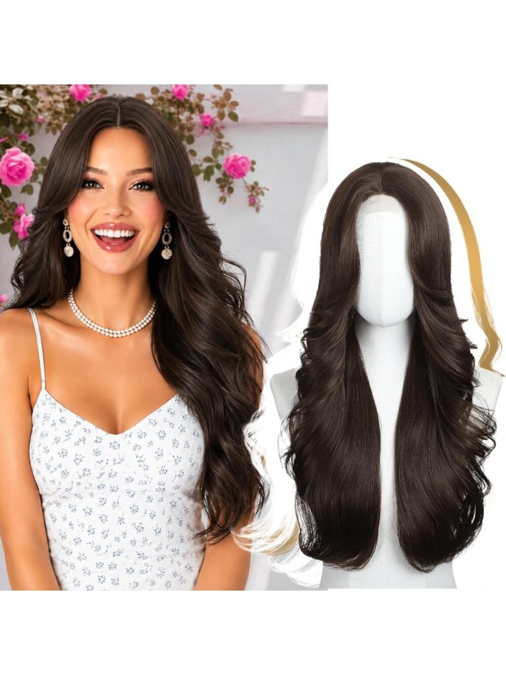 Women's Brown 26 Inch Middle Part Wavy Heat Resistant Synthetic Fiber Wigs